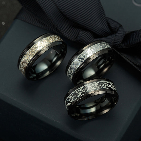 Luminous Plated silver Ring Dark Golden Dragon Inlay Green Background Fashion Men Fluorescent Glowing Rings