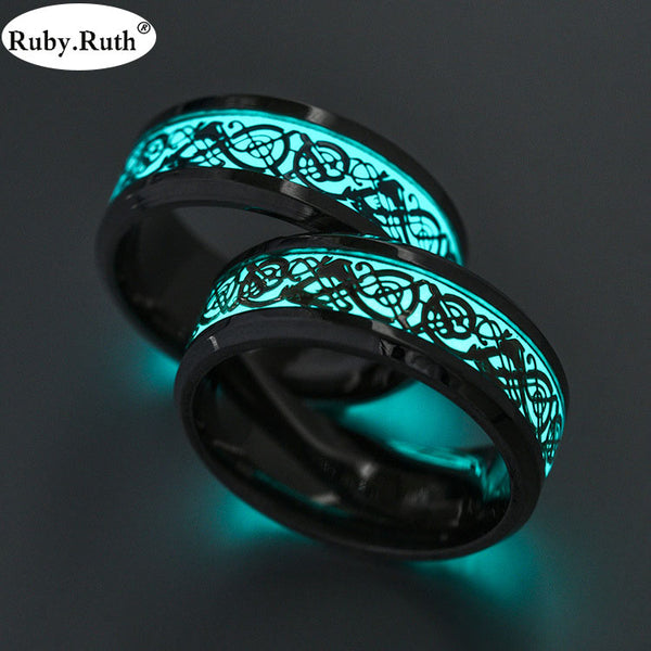 Luminous Plated silver Ring Dark Golden Dragon Inlay Green Background Fashion Men Fluorescent Glowing Rings